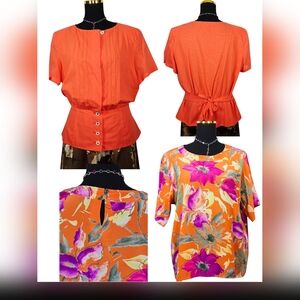 Vintage Louis Féraud & Jaeger Silk Blouse Set Sz 12 Bold Orange Pleated & Floral